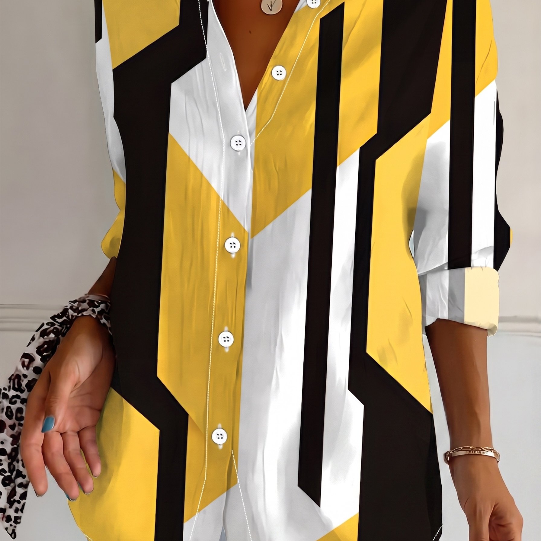 TEMU Chemise à manches longues grande taille pour femmes, chemise imprimée ample de style géométrique en jaune, , chemise à col à manches longues