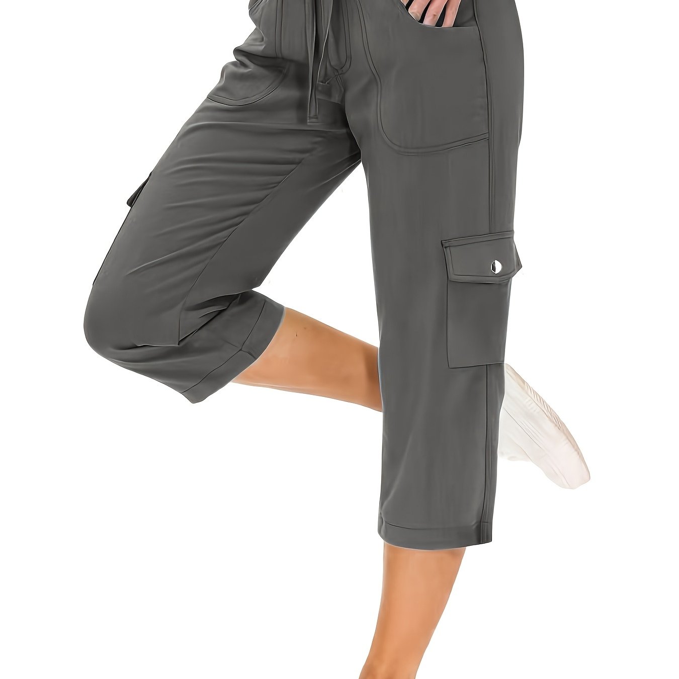 2024 Summer Women's European And Style Workwear Capri Pants With Pockets And Elastic Drawstring Waist, Fashionable And Trendy Casual Pants