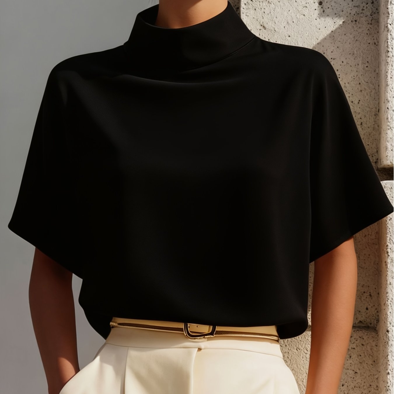 TEMU 2026 Spring Summer New Style Semi-high Neck Short Sleeve Shirt For Women, Back With And Slit, Loose Drapey Commuter Shirt, Easy Semi-high Stand