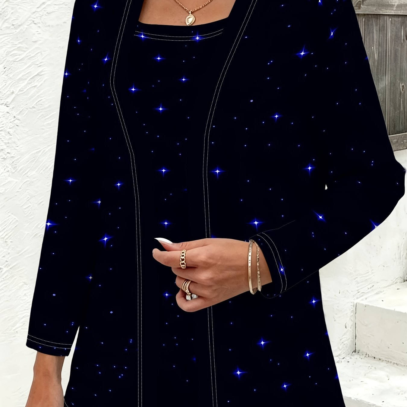 TEMU Solid Black Cardigan Blue Starry Pattern, Loose--size -front Sweater, Long Sleeves And Round Neckline, And For Daily Wear, Versatile Top For