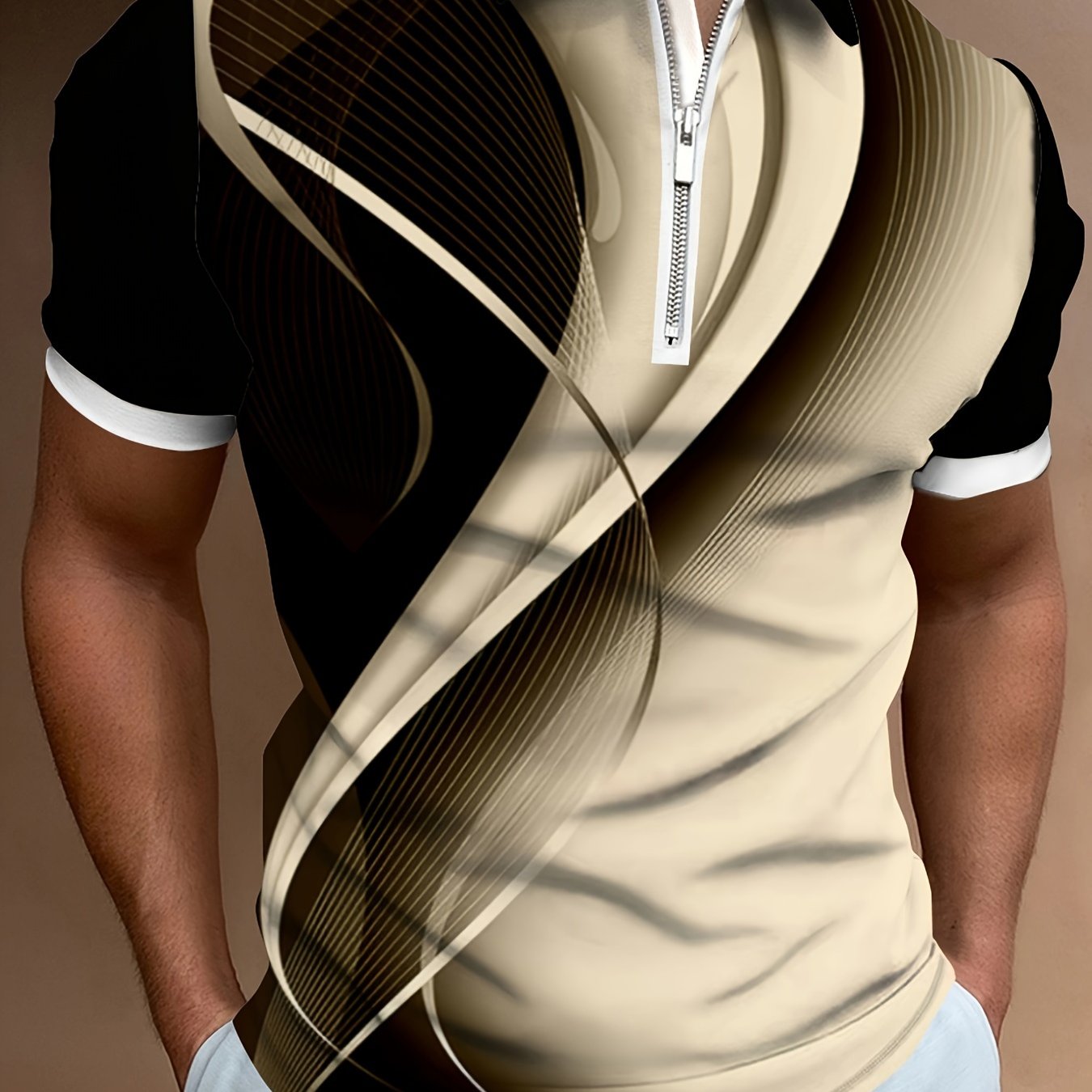 Image of Geometric 3d Men's Chic Short Sleeve Zipper Lapel Shirt, Summer Streetwear For Men