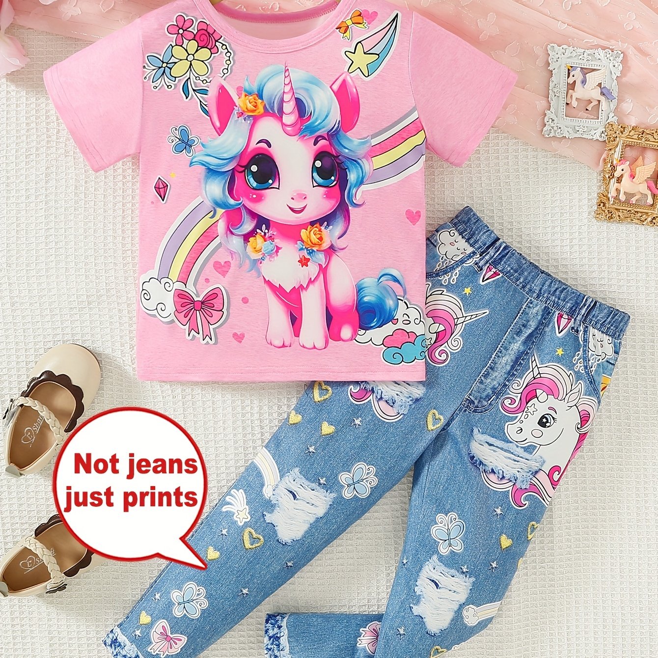 Image of Cute 2pcs Set For Girls Featuring A Unicorn Print On A Short-sleeve Top And Denim Long Pants, Perfect For Spring And Summer, For Outdoor