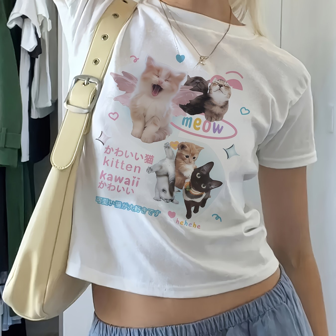 TEMU Y2k Retro Women's T-shirt - 4-cat & Heart Graphic Print, High-stretch Fabric, Casual Round Neck Short Sleeve Top For Spring Summer Fall, Cute T