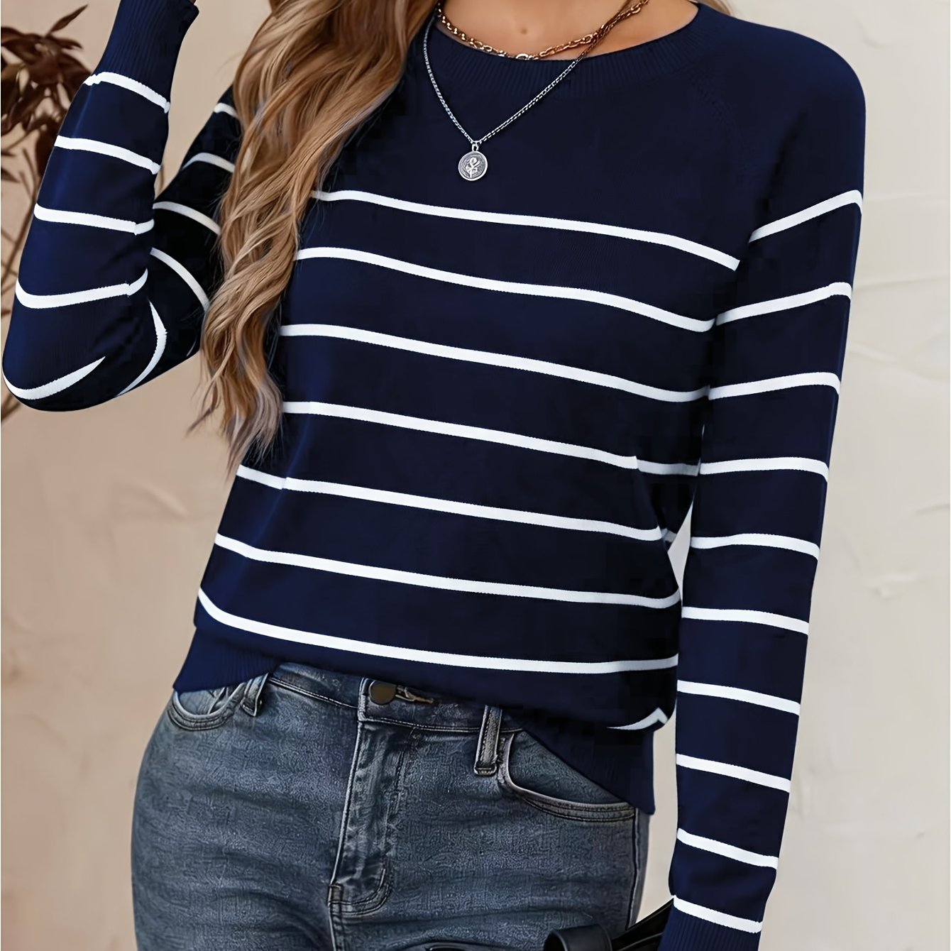 TEMU New Women's Round Neck Pullover Sweater, Simple Striped Casual Versatile Fashion Long Sleeve Top, Women's Top, Women's Sweater
