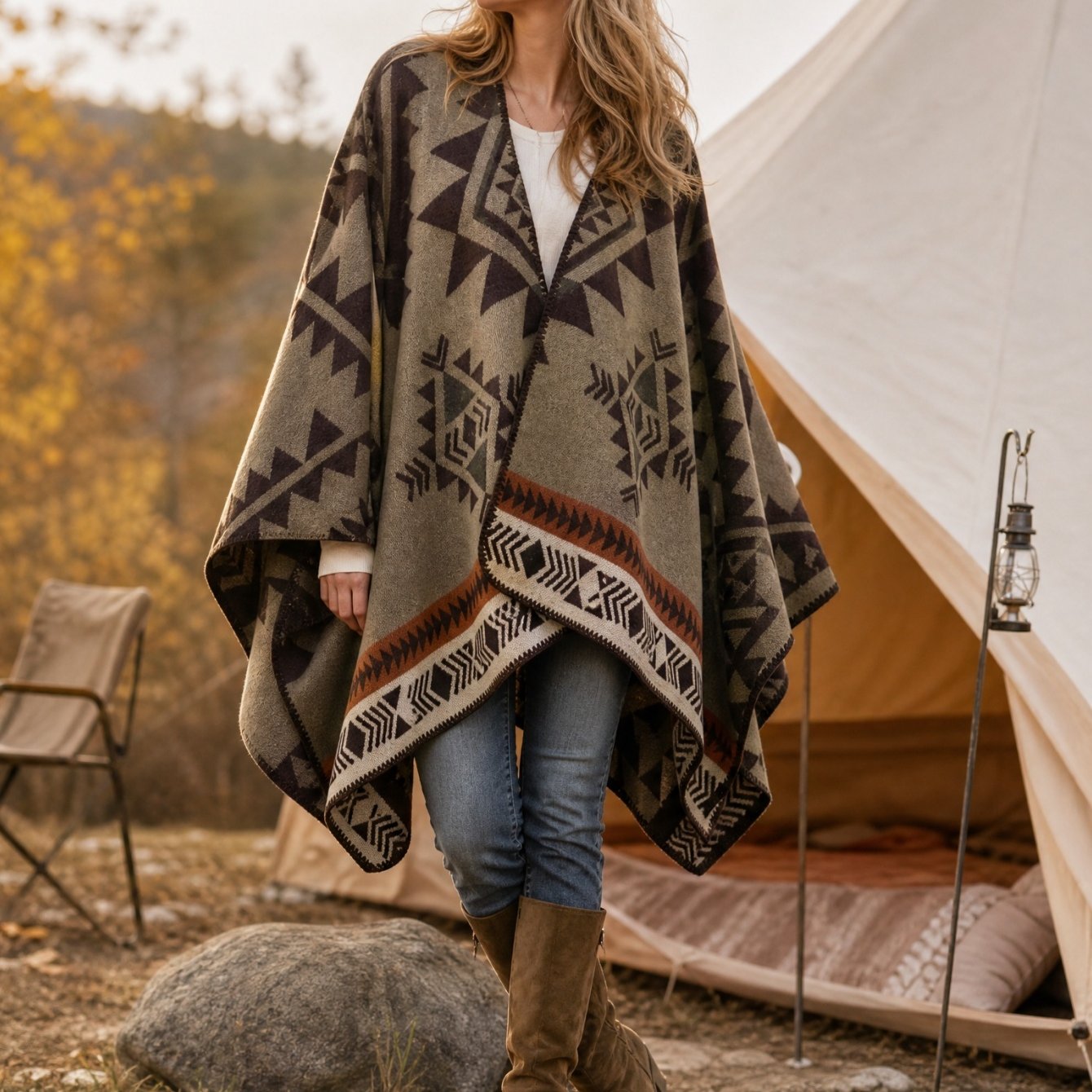 TEMU Plus Size, 2026 New Elegant Women's Autumn/winter Plus-size Bohemian Style Shawl, Coffee-colored Geometric Pattern Cardigan Cape Outerwear,