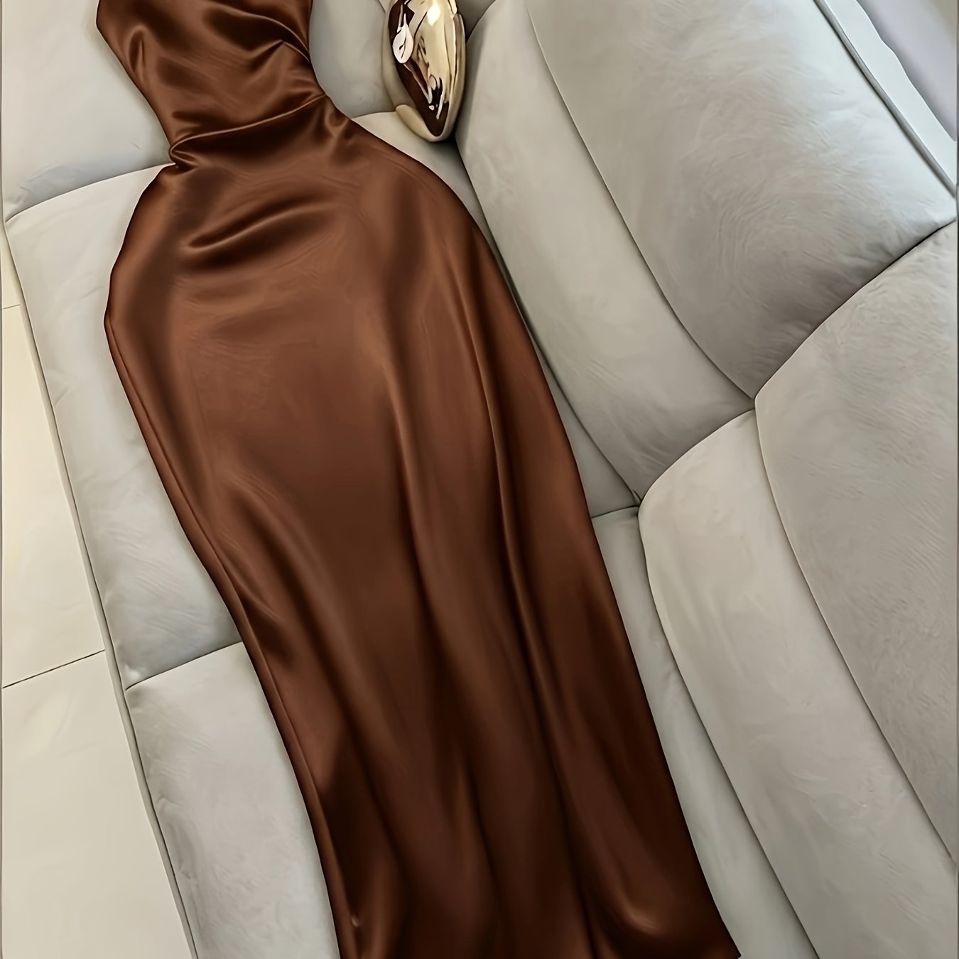 TEMU Y2k Women's New Summer Satin Chiffon Halter Neck Dress, Brown Backless Slim-fit Figure-flattering Long Dress