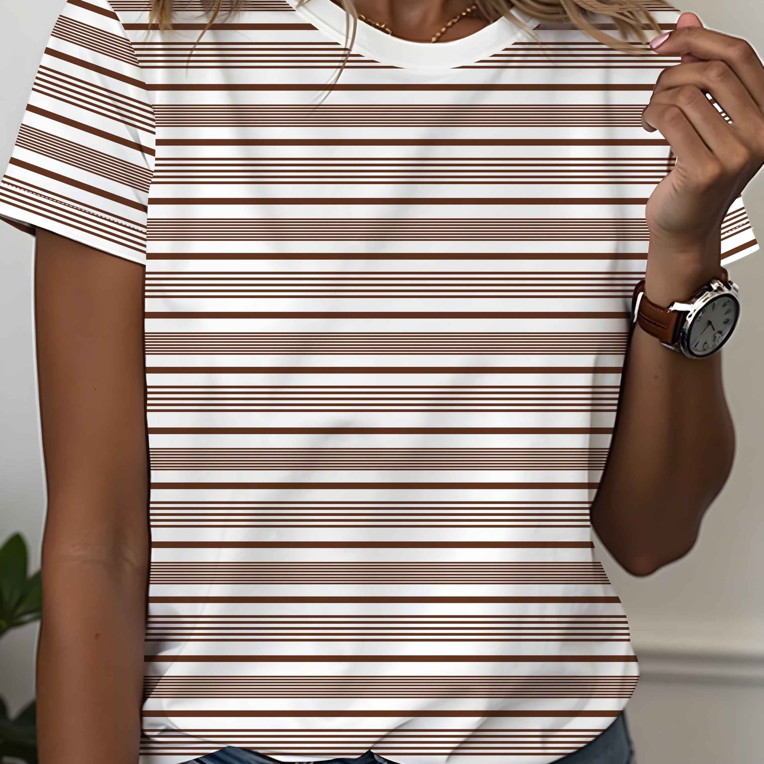 TEMU Plus Size, [printed Design - Not Textured] Women's Round Neck Fashion T-shirt, Summer Print Simple White And Pattern, Refreshing And Versatile,