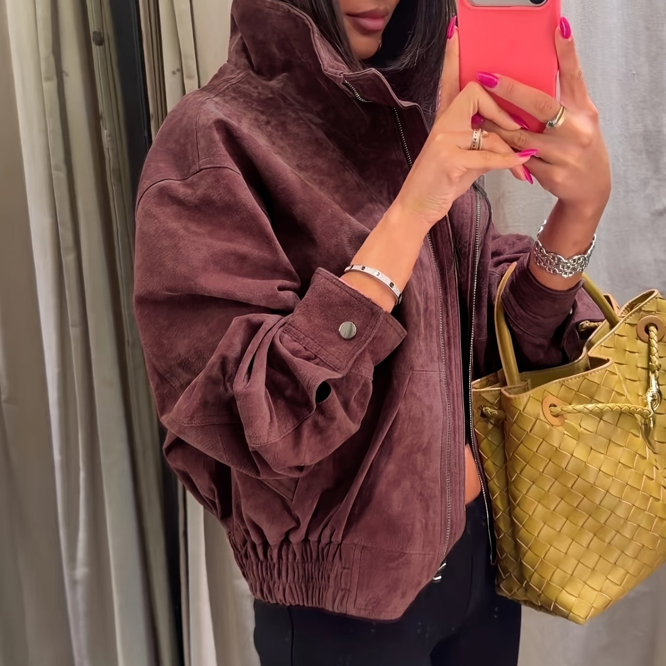 TEMU Women's Autumn/ Lapel Vintage Biker Style Cropped Jacket, Instagram Style, Back-to- Season, , Daily Wear, Zipper, Pockets, Lining, Elastic ,