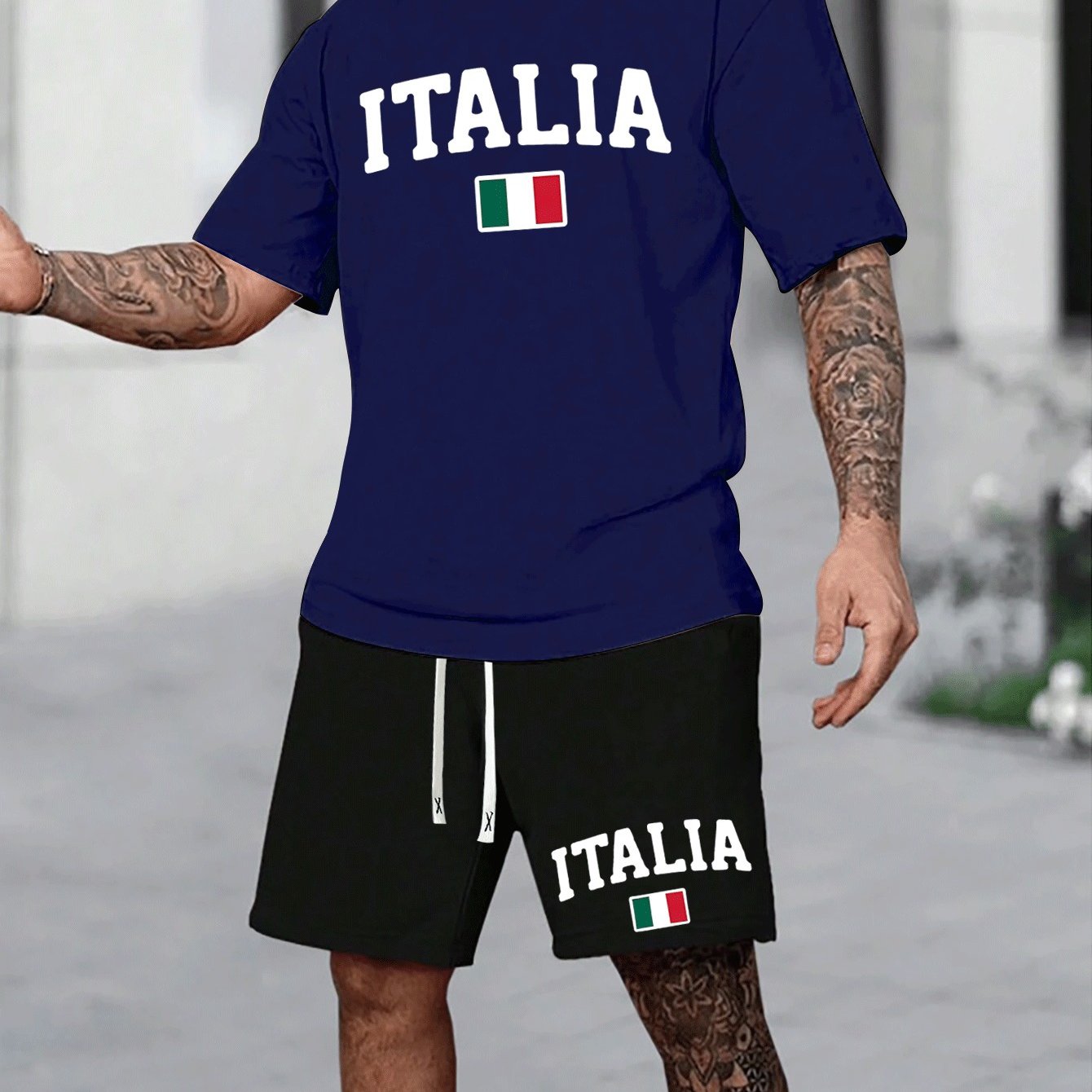TEMU Plus Size Summer Men' Casual Outfit With Short-sleeve T-shirt And Shorts, Trendy Two-piece Set For .