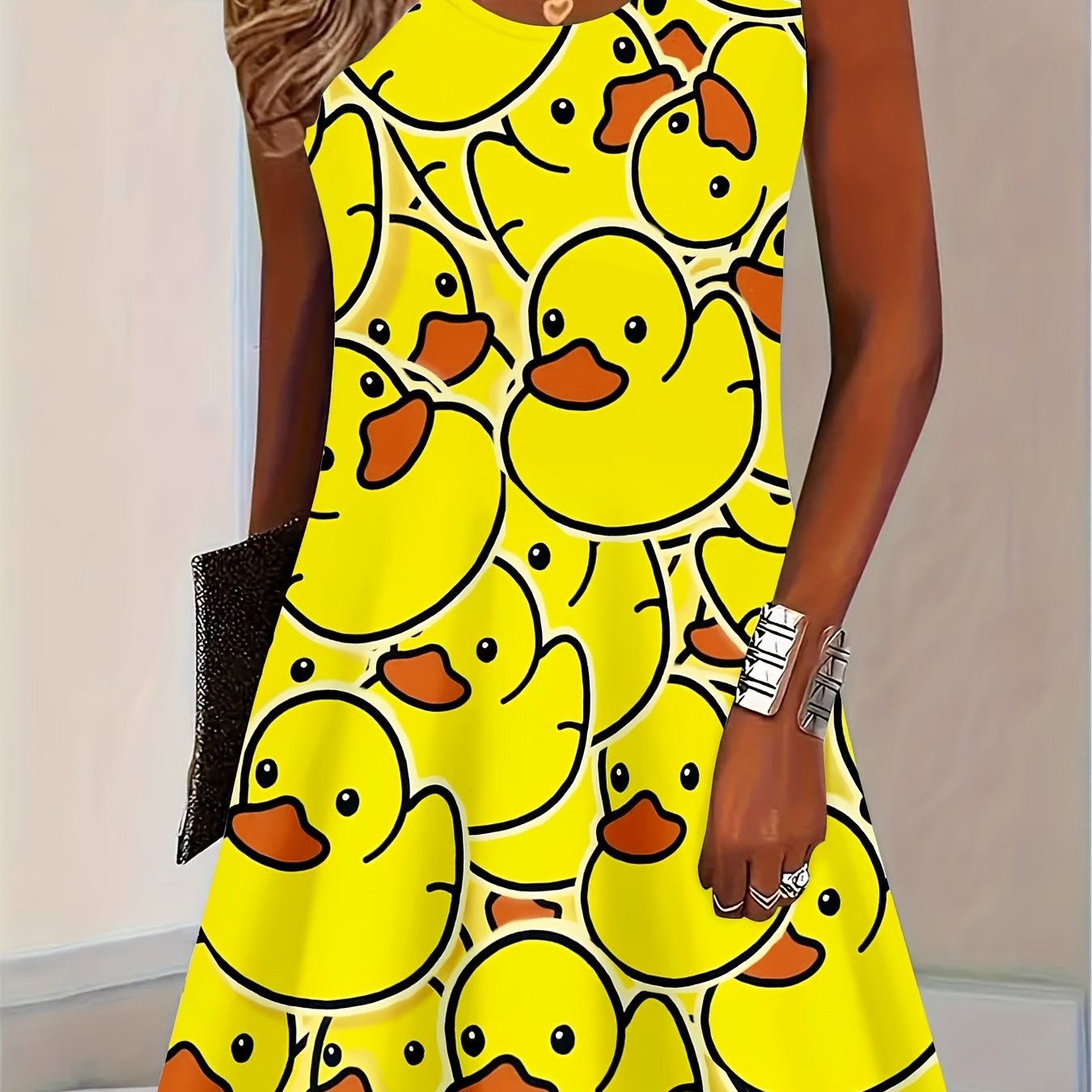 TEMU Printed Design - Textured Duck Print Sleeveless Dress For Women, Suitable For Summer Casual And Beach Vacations