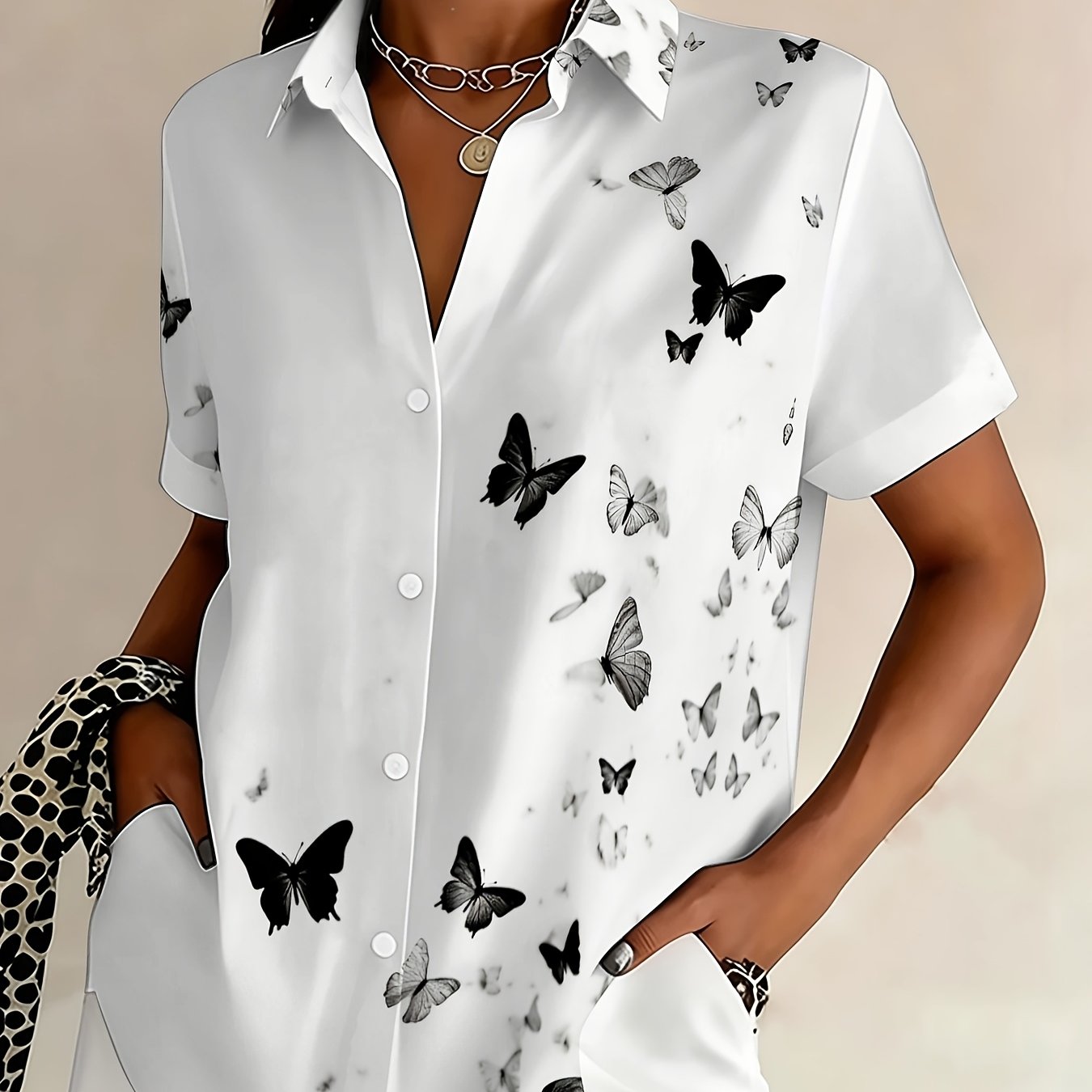 TEMU Chemise à manches courtes imprimée papillon pour femmes grande taille - Col à revers - Blouse décontractée d'été - Coupe ajustée pour bureau et