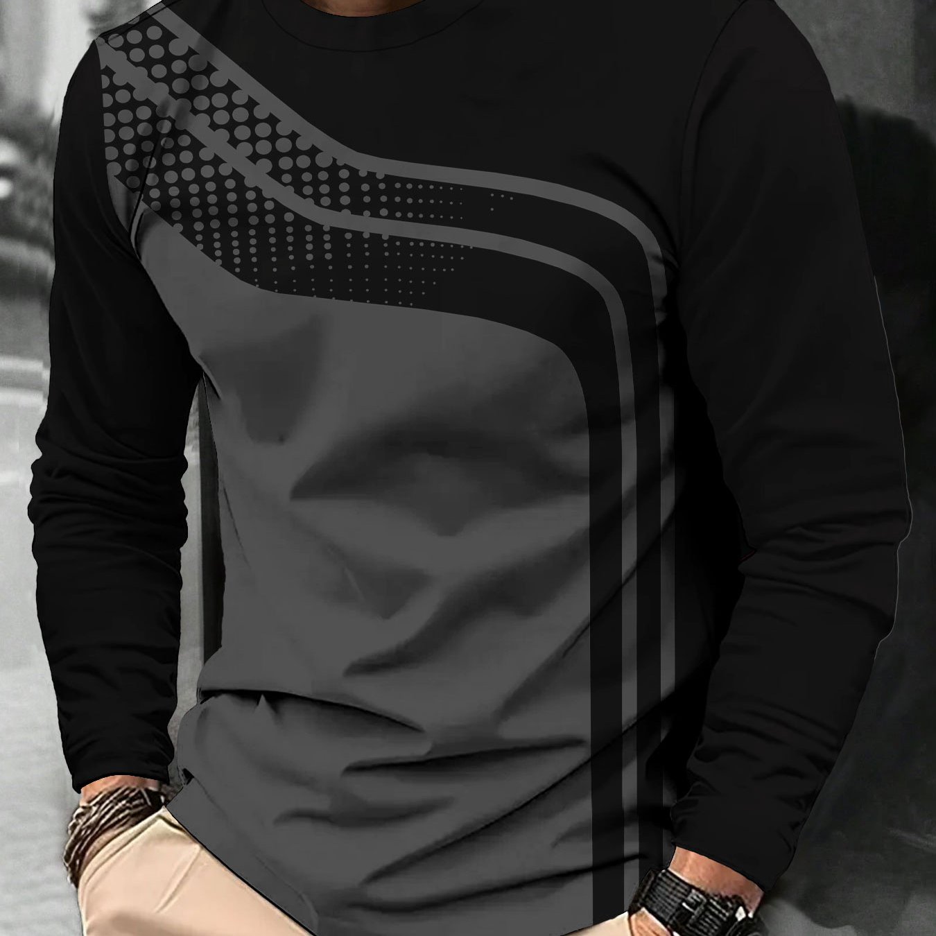 TEMU T-shirt à manches longues décontracté et tendance pour hommes - Découpe noire et grise patchwork combinée avec des pois dégradés et des de , col