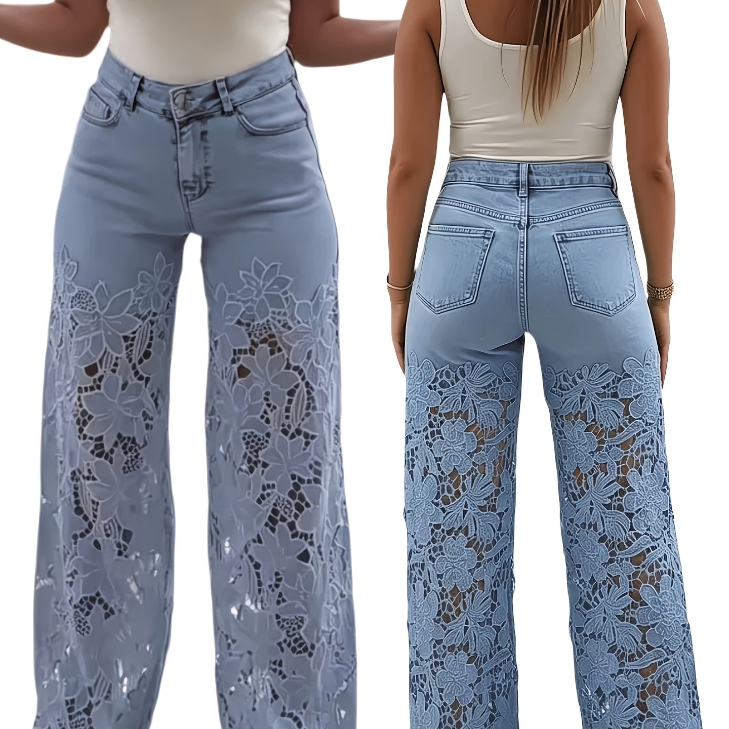 TEMU Women' Blue Floor-length Wide-leg Jeans With Hollow Floral Lace Splicing