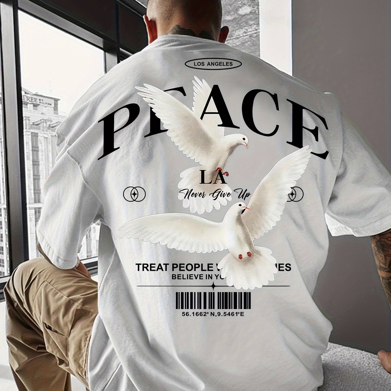 E-shop Herren Peace-Symbol T-Shirt - Schwarzes Streetwear Oversized weißem Tauben- & Friedenszeichen-Druck, Kurzarm Rundhals Casual Sommer-Shirt,