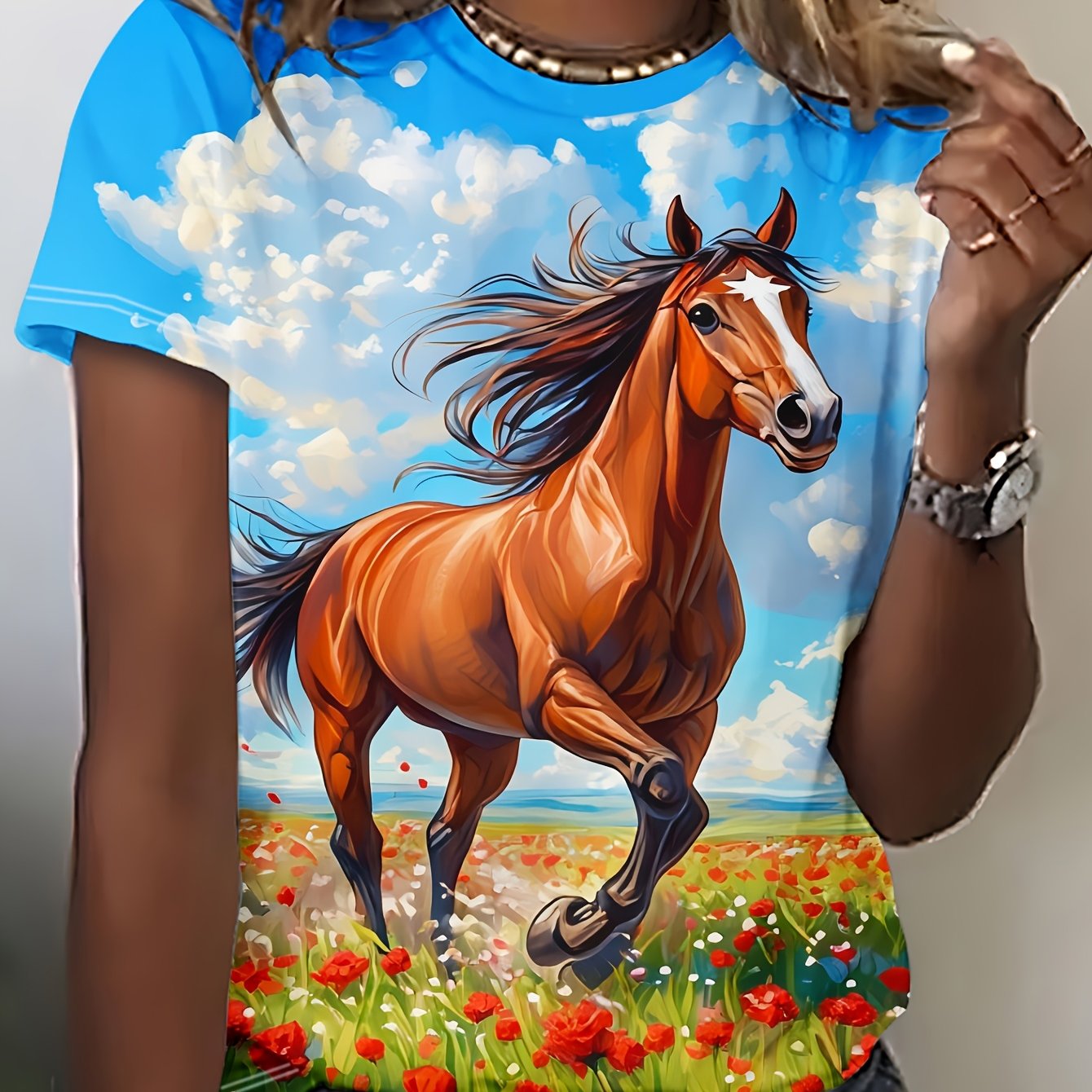 TEMU Women's Fashion Round Neck T-shirt With Horse Print Short Sleeve Top, Palio T-shirt, A Unique Gift