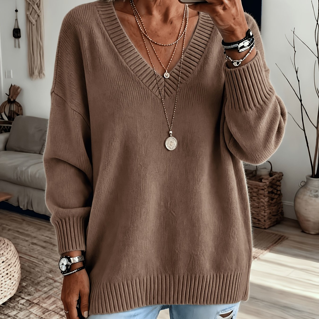 TEMU Grande Taille - Pull Femme Grande Taille Automne Hiver Col en V , Pull Décontracté Polyvalent, Cadeau de Noël et Fêtes