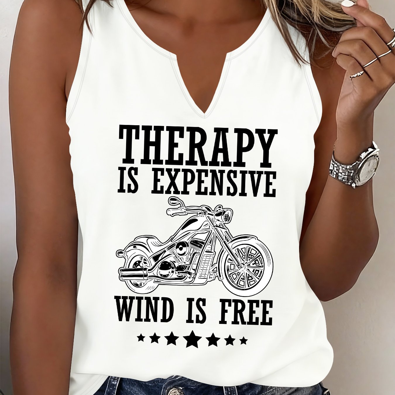 TEMU (052#) Women's Fashion Refreshing Tank Top, Sleeveless V-neck Printed Vest With Motorcycle Graphic, Casual And Versatile