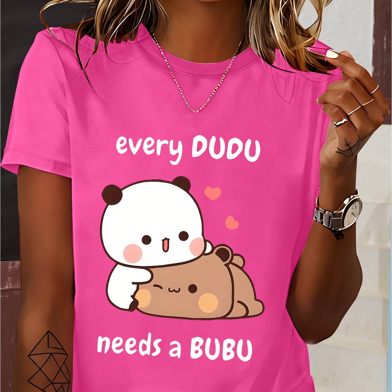 TEMU Each Dudu Needs A Cute Panda And Little Bear Embrace Pattern Directional Print Sweatshirt Spring Summer Round Neck Casual Shirt Short Sleeve