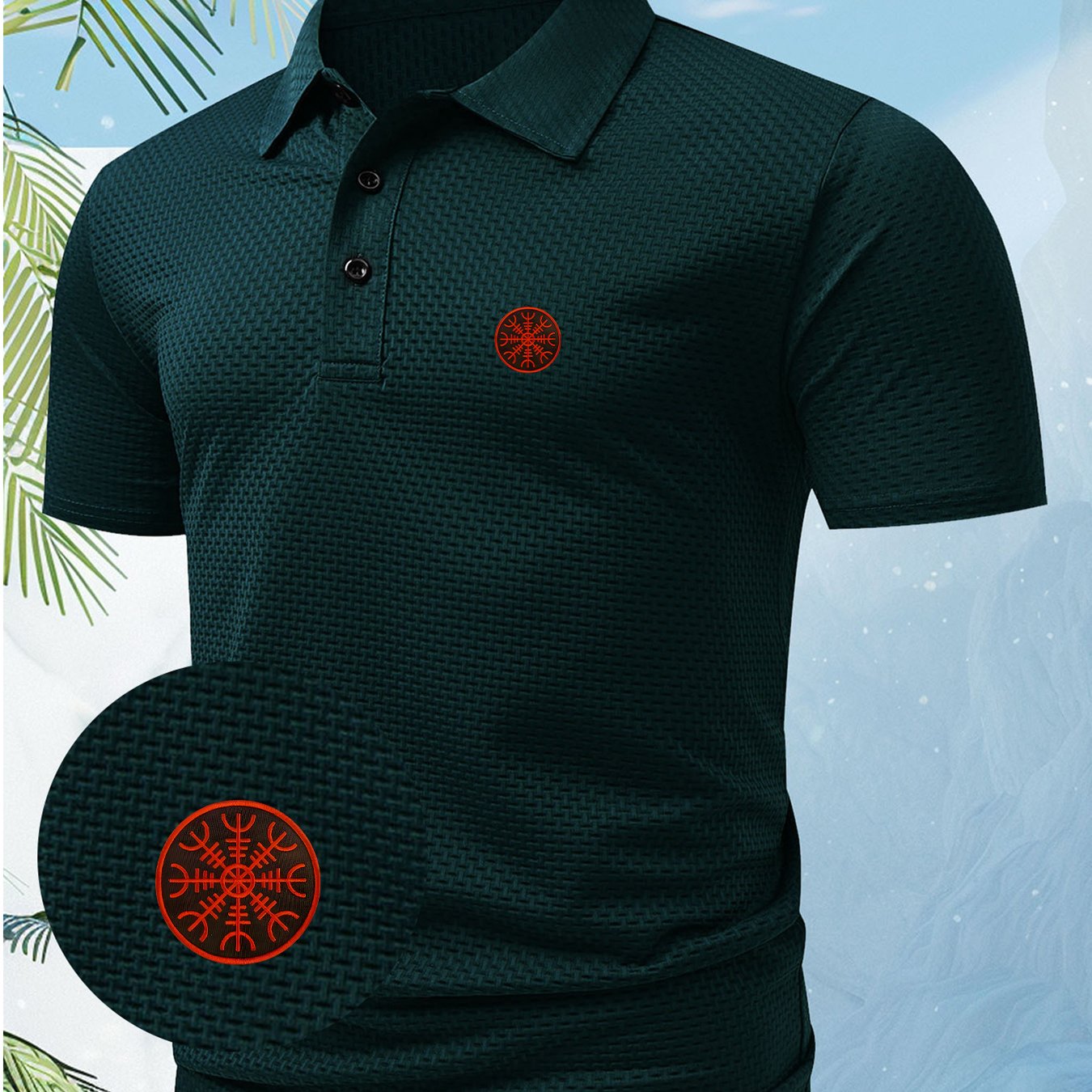 TEMU 1pc Men's Unique Creative Red Nordic Viking Symbol Logo Pattern Short Sleeve Print Shirt, Suitable For , Regular Fit Blending Western Fashion,