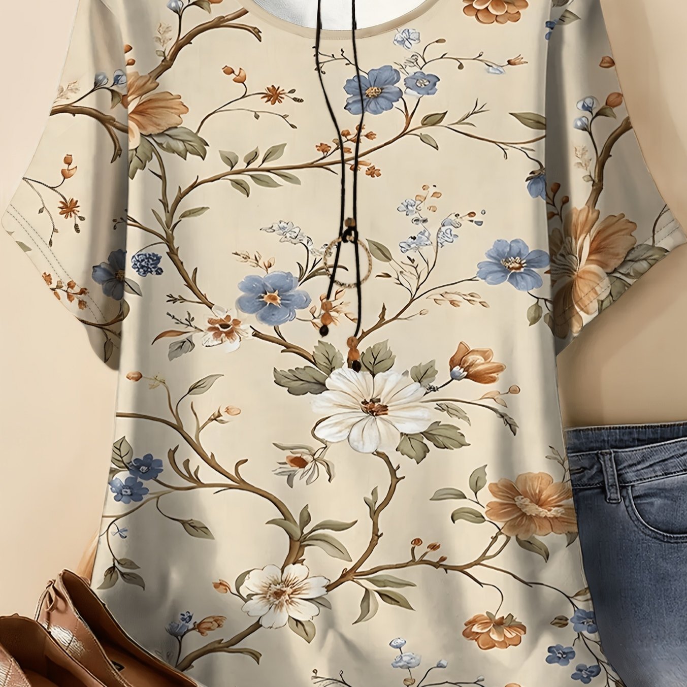 Image of Plus Size - Plus Sizes Women's T-shirt, Featuring A Beige Base Color With Prints Of Vintage Floral Designs (blue, White, Orange, Brown) And Green Foliage, In A Loose