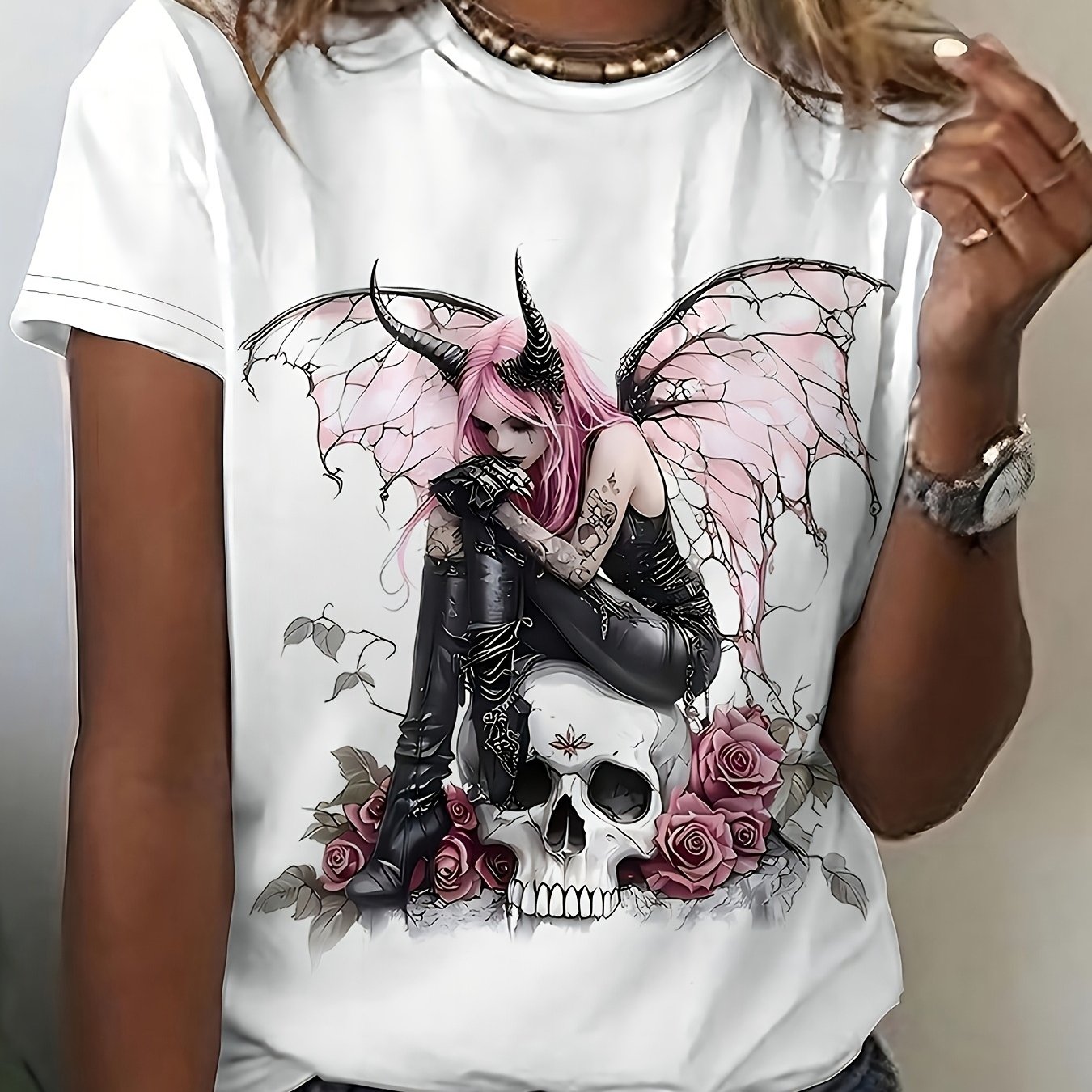 Image of Plus Size, Women' Plus-size Gothic Pink Demon Skull & Rose Print T-shirt - Stretch Round Neck Short Sleeve Top, Suitable For Everyday Streetwear, Punk Style Blouse Tee For Layering Or Outfits