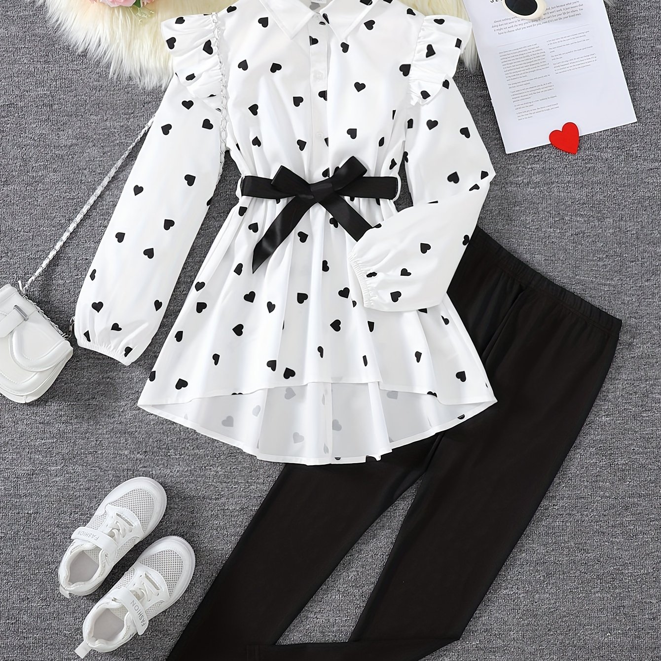 Image of ' Youth Casual Fashion Cute Polka Dot Long Sleeve Mid-length Top And Long Pants 2pcs Set, Fall Winter, For Outdoor