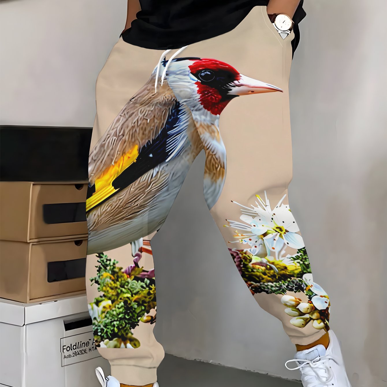 TEMU Pantalones de chándal estampados para hombre a , con un pinzón posado en un ramo lleno de flores blancas, equipados con cordones y bolsillos,