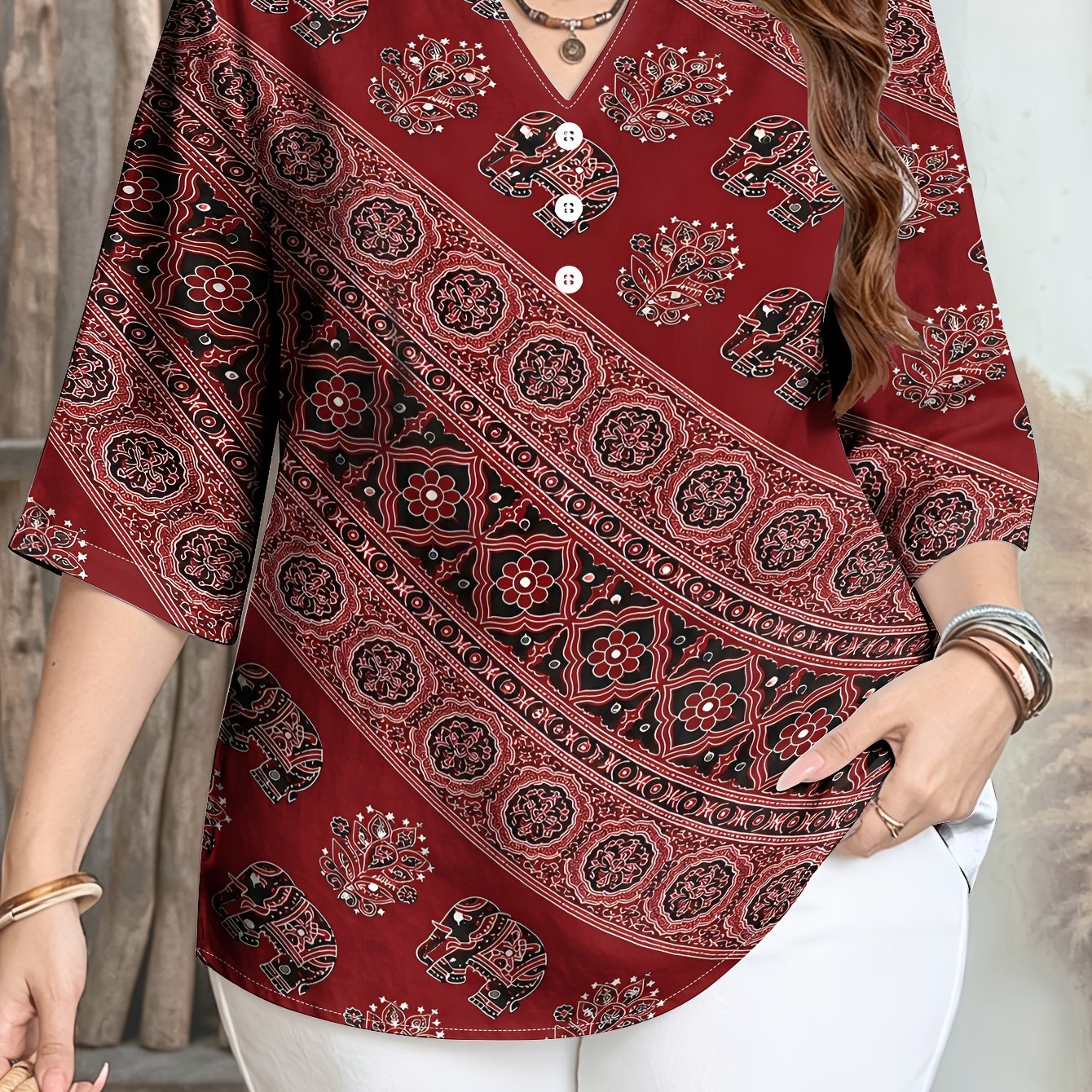 TEMU [printed Design - Not Texture] Burgundy Ethnic Style Printed V-neck Top, Women's 3/4 Sleeve Casual Shirt, Summer Versatile Women's Clothing,
