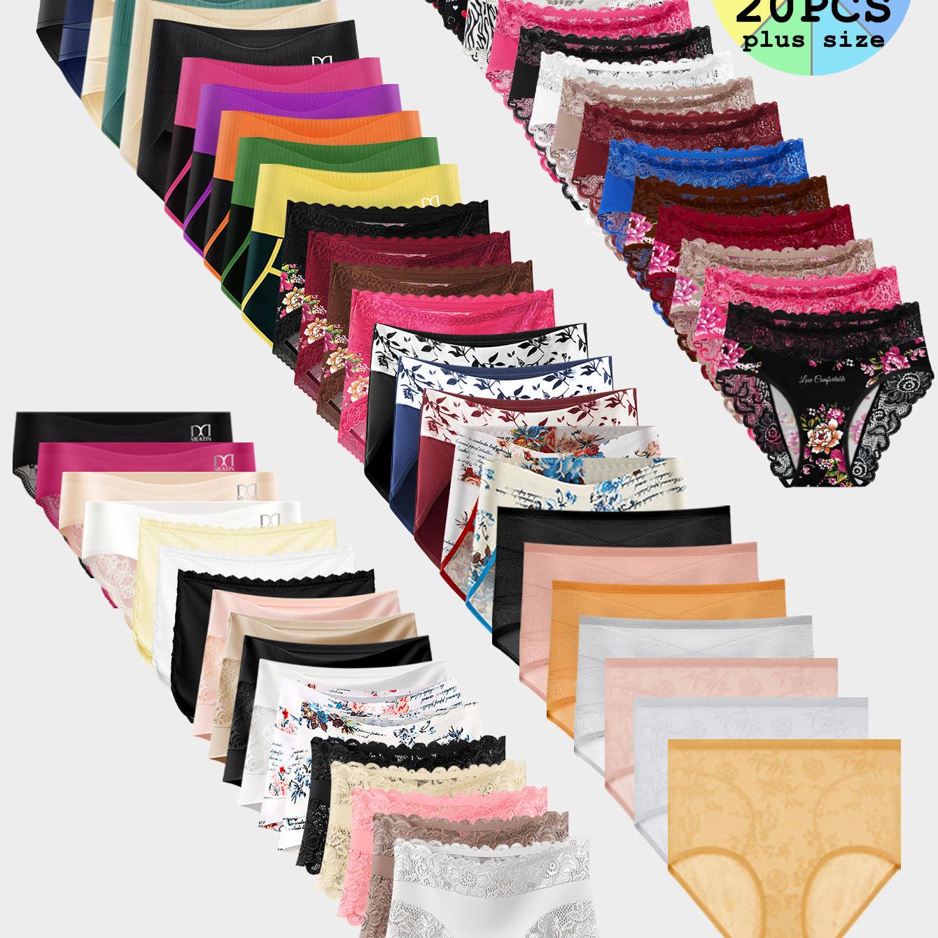 TEMU 20pcs Random Mixed Plus Size Women High Waist Panties, Ribbed Logo Printed Wide Waistband, Contrast Breathable Ladies Everyday Briefs