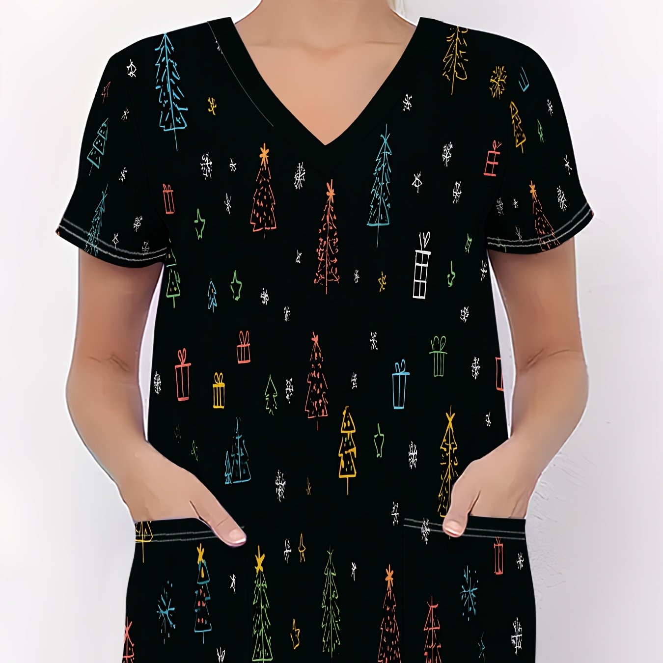 TEMU Christmas Women's Nurse Uniform, Black Background With Colorful Christmas Element Pattern Printed T-shirt, Soft And Stretchy, Christmas V-neck