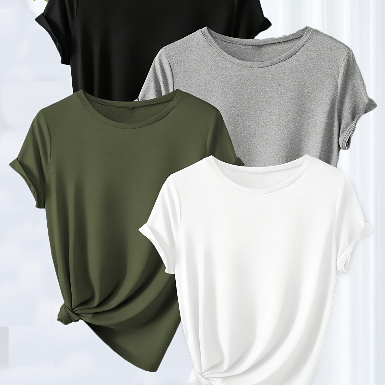 Women's Plus Size Solid Color Round Neck Casual T-shirt 4pcs，plus Size Pajamas