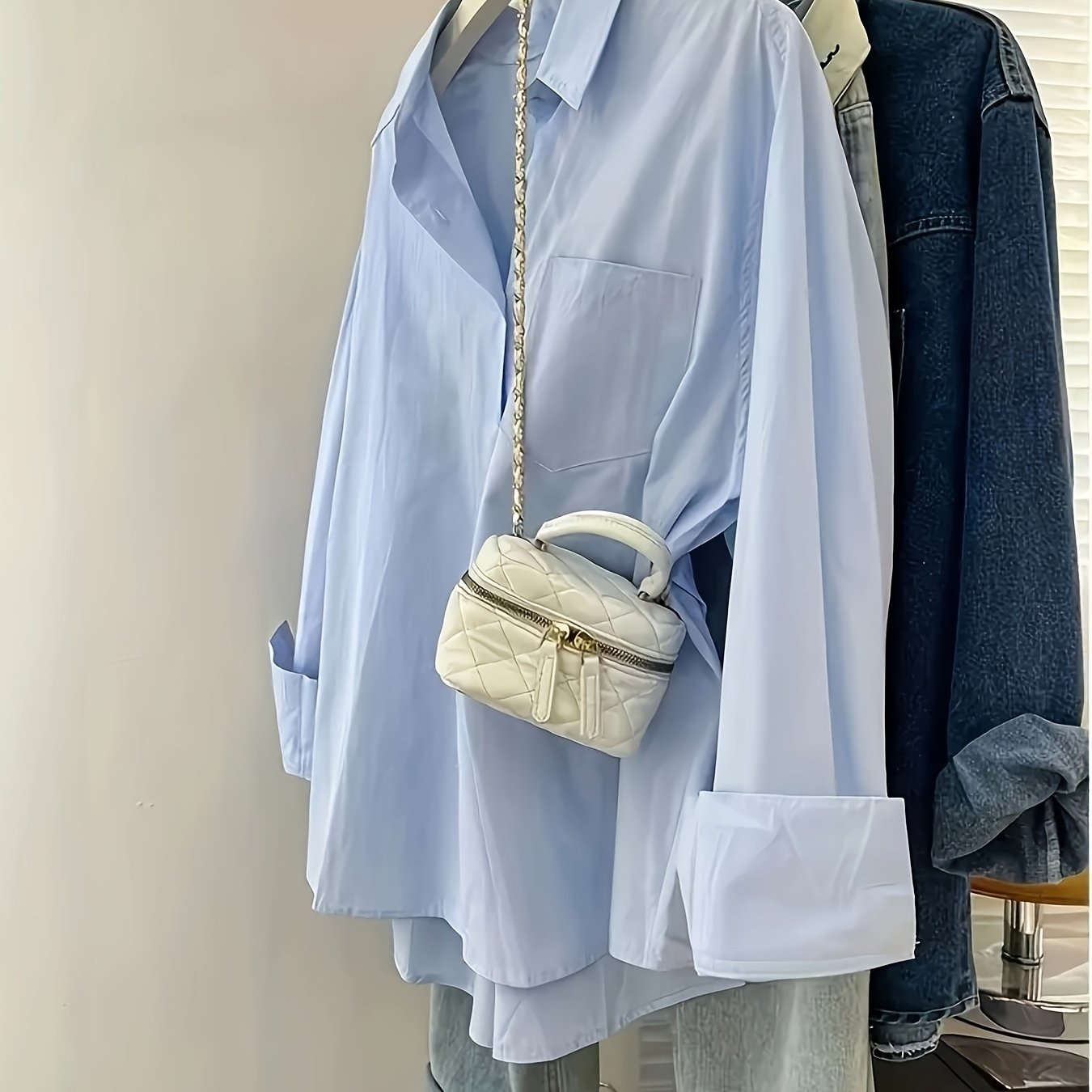 TEMU Vintage Light Blue Women's Blouse - Retro Style , Loose Fit, Long Sleeve, Rayon And, Button-up Collar, Machine Washable, Wear, Vintage Blouse
