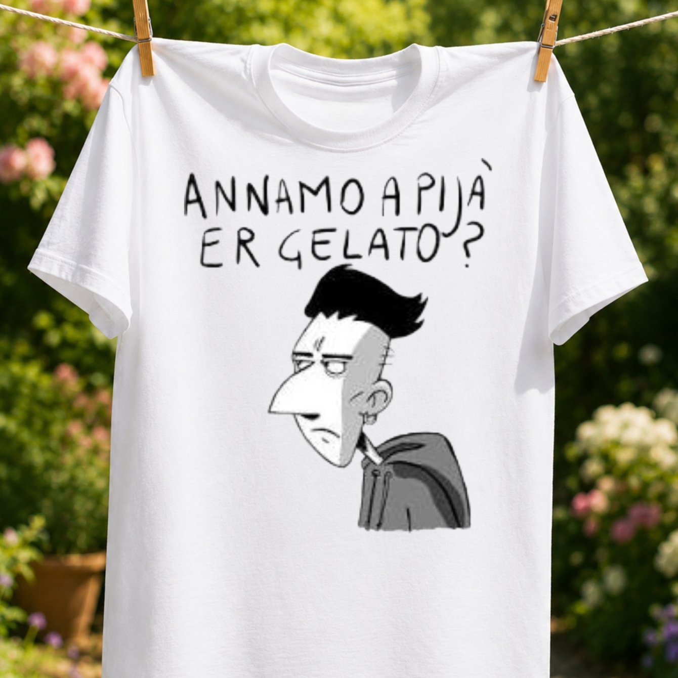 TEMU T-shirt unisex A Pija Er Gelato e con da cartone animato e dialettale italiana scritta a , stile umoristico minimalista
