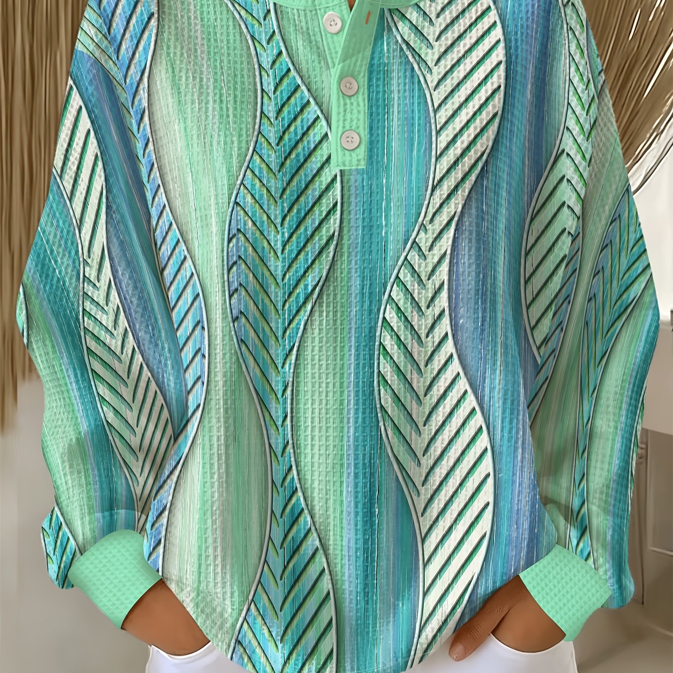 TEMU Plus Size Waffle Sweatshirt, -green White Herringbone Stripes, Gentle 3-button Round Neck Long Sleeve Sweater