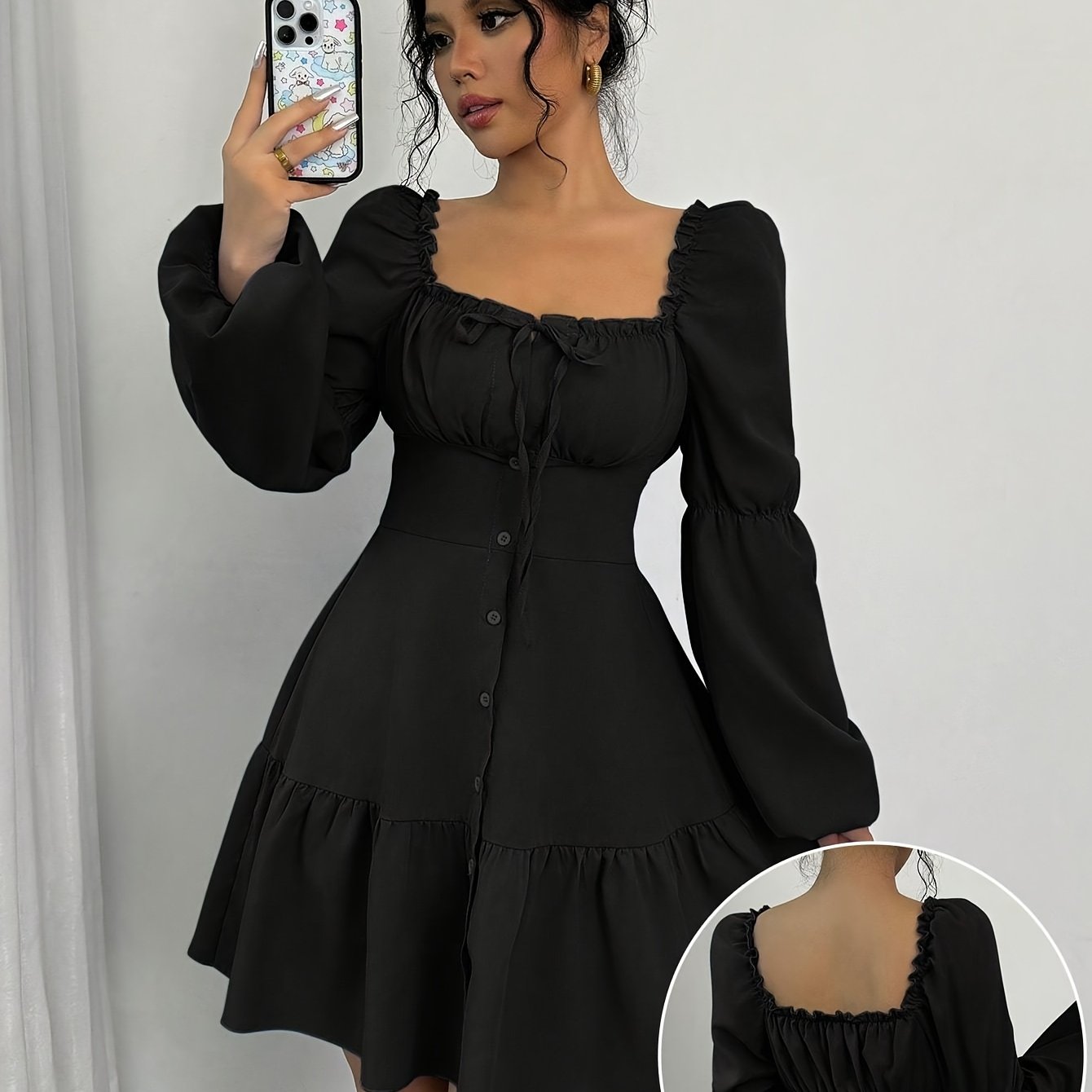 TEMU A- Neck Long Sleeve Puff Sleeve Ruffle Hem Dress