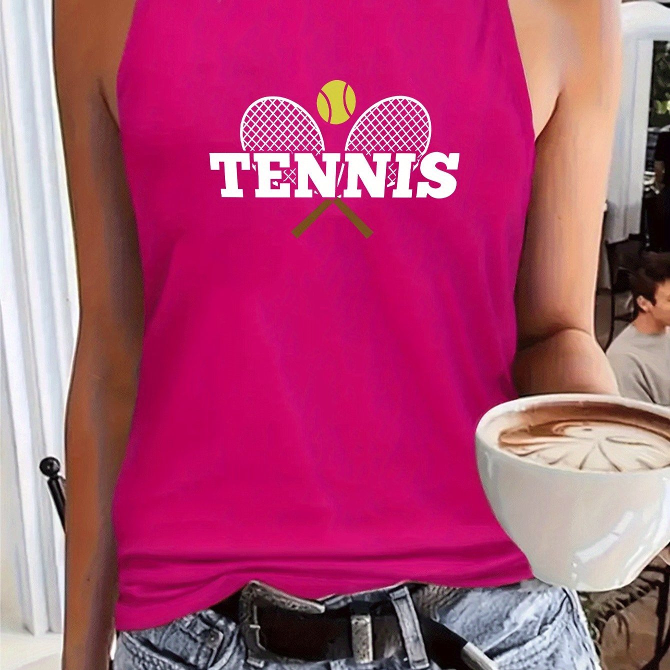 TEMU 1pc Women's Tennis Racket & Tennis Print Sleeveless Sports Top - Breathable Tennis-themed Design (racket, & 'tennis' Lettering) - Dark