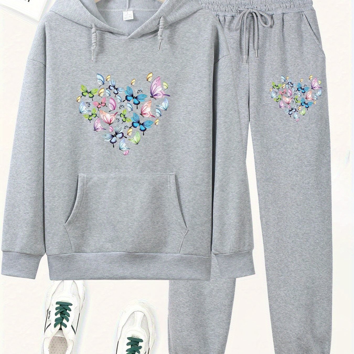 TEMU Heart Print Hoodie And Pants Set, Casual Long Sleeve Hoodie And Jogger Set, Women's Hooded Pocket Outfit