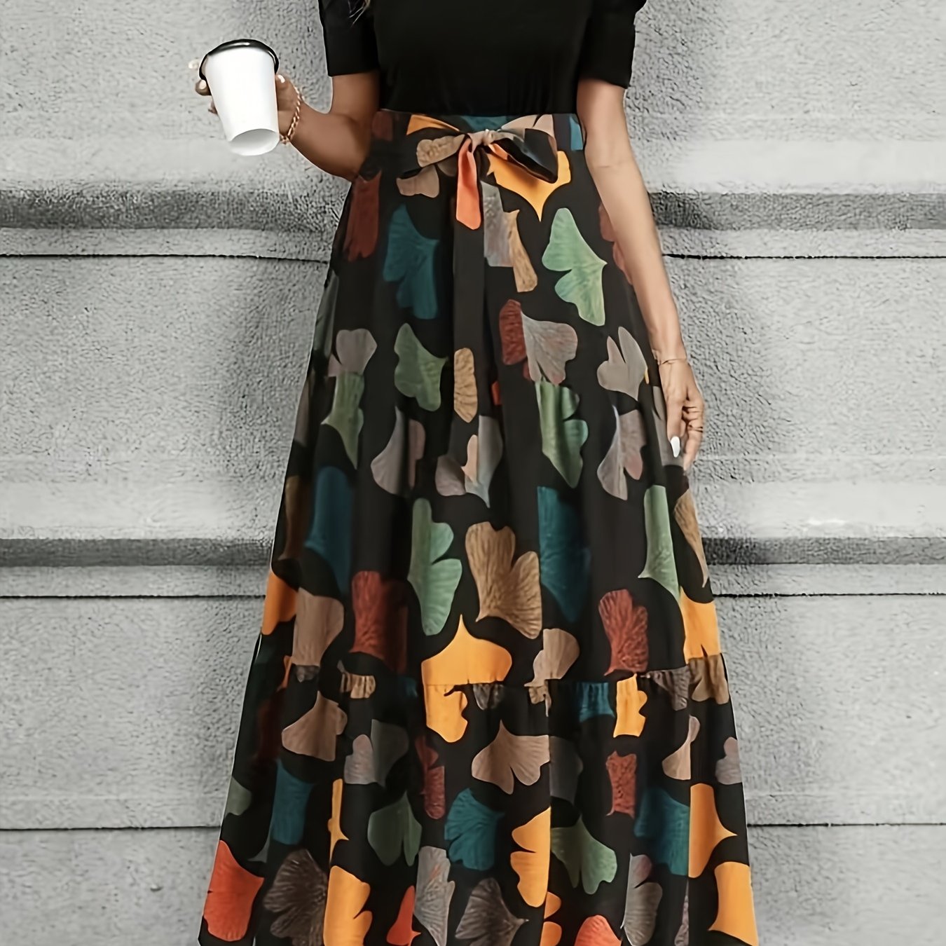 TEMU Elegant A-line Women's Dress Featuring Puffed Sleeves, Bow Decoration, Leaf-shaped Pattern, And Round Neckline, Suitable For Spring And Summer