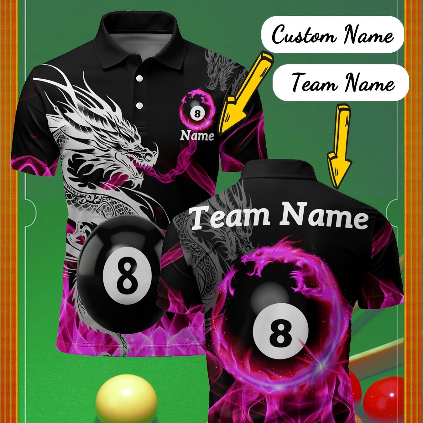 TEMU Custom Dragon And No. 8 Billiards Pattern Shirt, Name And Team Name Customization Available, 3d Printing Design For Personality , Sports Style