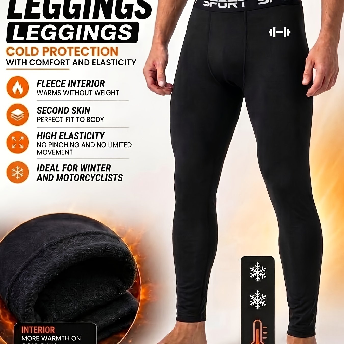 TEMU 1pc Men's Thermal Leggings Lined Compression Pants With Dumbbell Print Sport Waistband High Elasticity Winter Tights For Motorcycle Running Gym.
