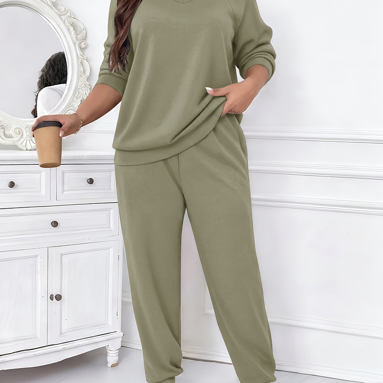 TEMU Plus Size, Plus Size Women's No Print 2pcs Outfit Set, V Neck Raglan Sleeve Long Sleeve Tee Elastic Waist Jogger Pants, Casual Loose Clothing,