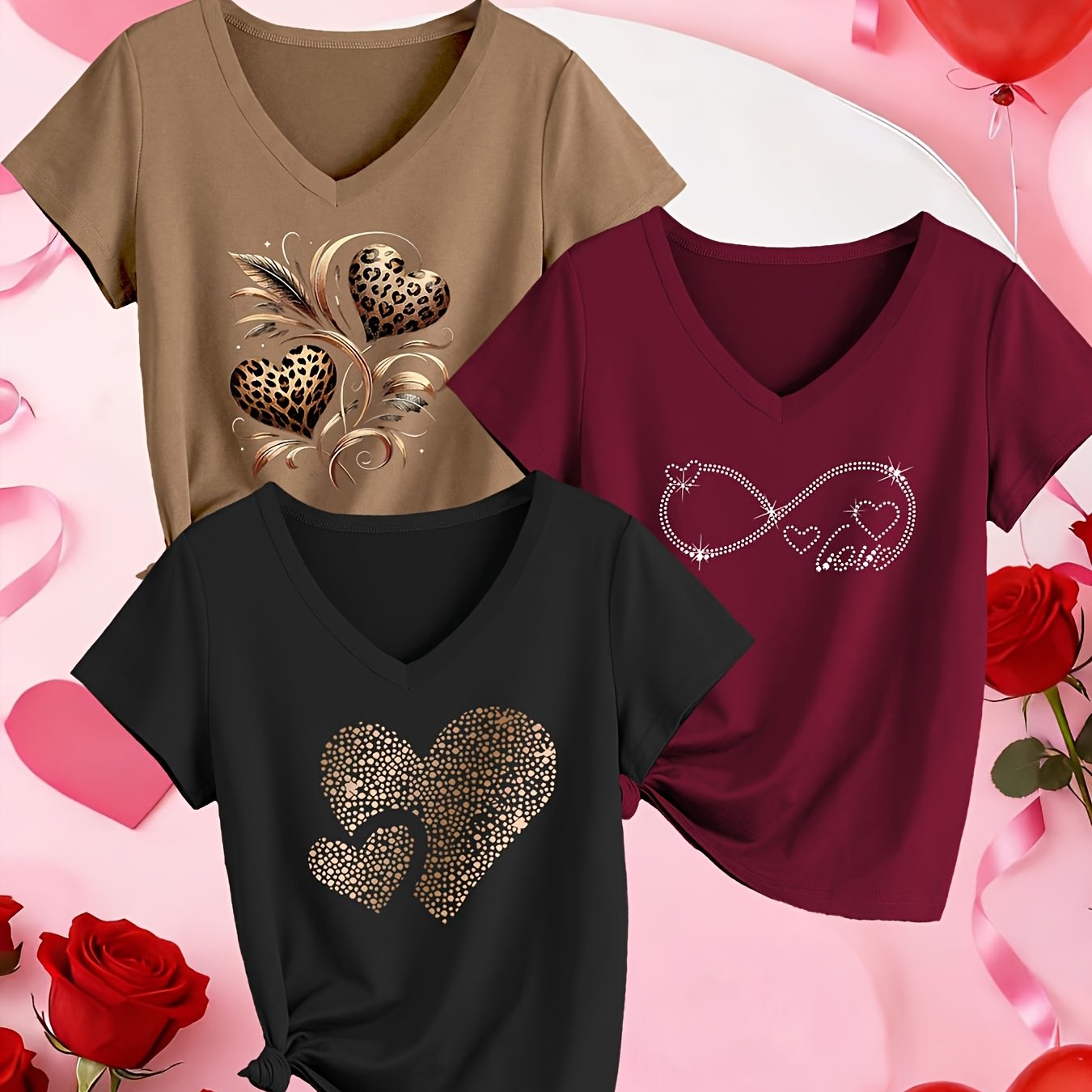 TEMU Women's V-neck Heart Leopard Print Rhinestone T-shirt, Made From Soft And Breathable Fabric, With Leopard Print Hearts And Rhinestone Patterns.