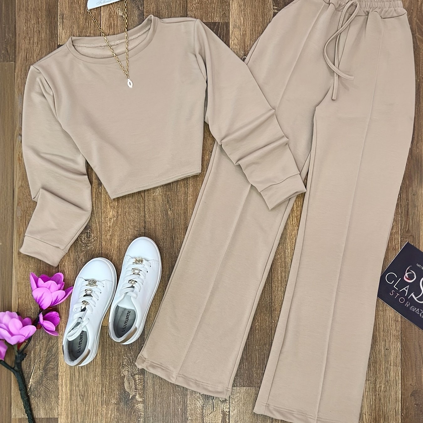 E-shop Damen Y2K Lässiges Elegantes Langarm-Crop-Top mit Rundhalsausschnitt & Hose mit hoher Taille weitem Bein, Vier-Jahreszeiten-Set, geeignet für
