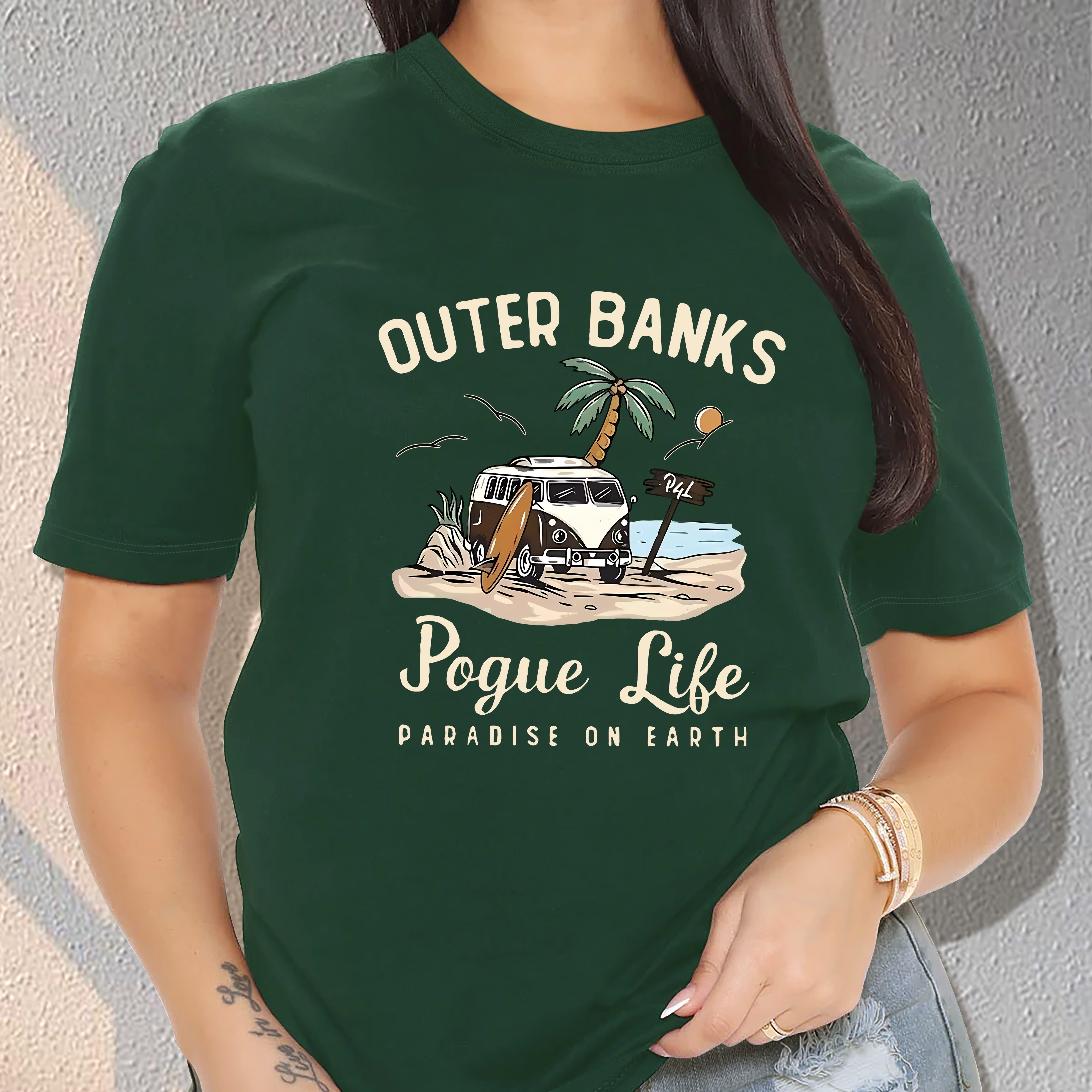 TEMU Outer Banks Pogue Life Graphic Cotton T-shirt Women's Casual Crew Neck Short Sleeve Tee With Slight Stretch Knit Fabric