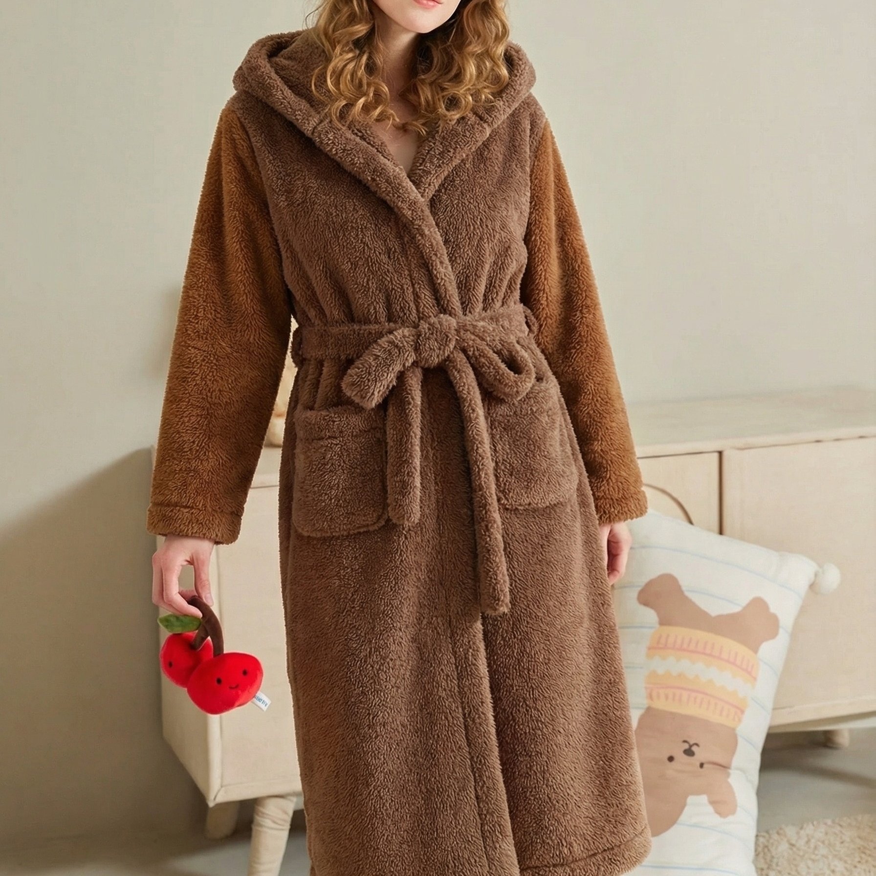 Image of New Women's Autumn And Winter Long Plush Solid Color Brown Robe, Hooded Plush Comfortable And Machine Washable, With Belt, Long Sleeve Robe, Style Women's Adult Robe