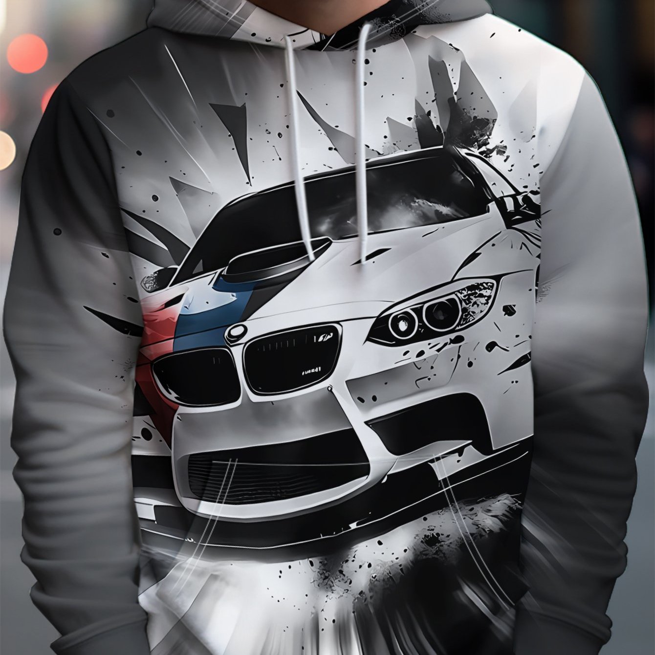 TEMU Sweat à capuche tendance pour homme, style , avec une voiture de course blanche qui brise l'obscurité, plein d'. - Plein de style tendance, de