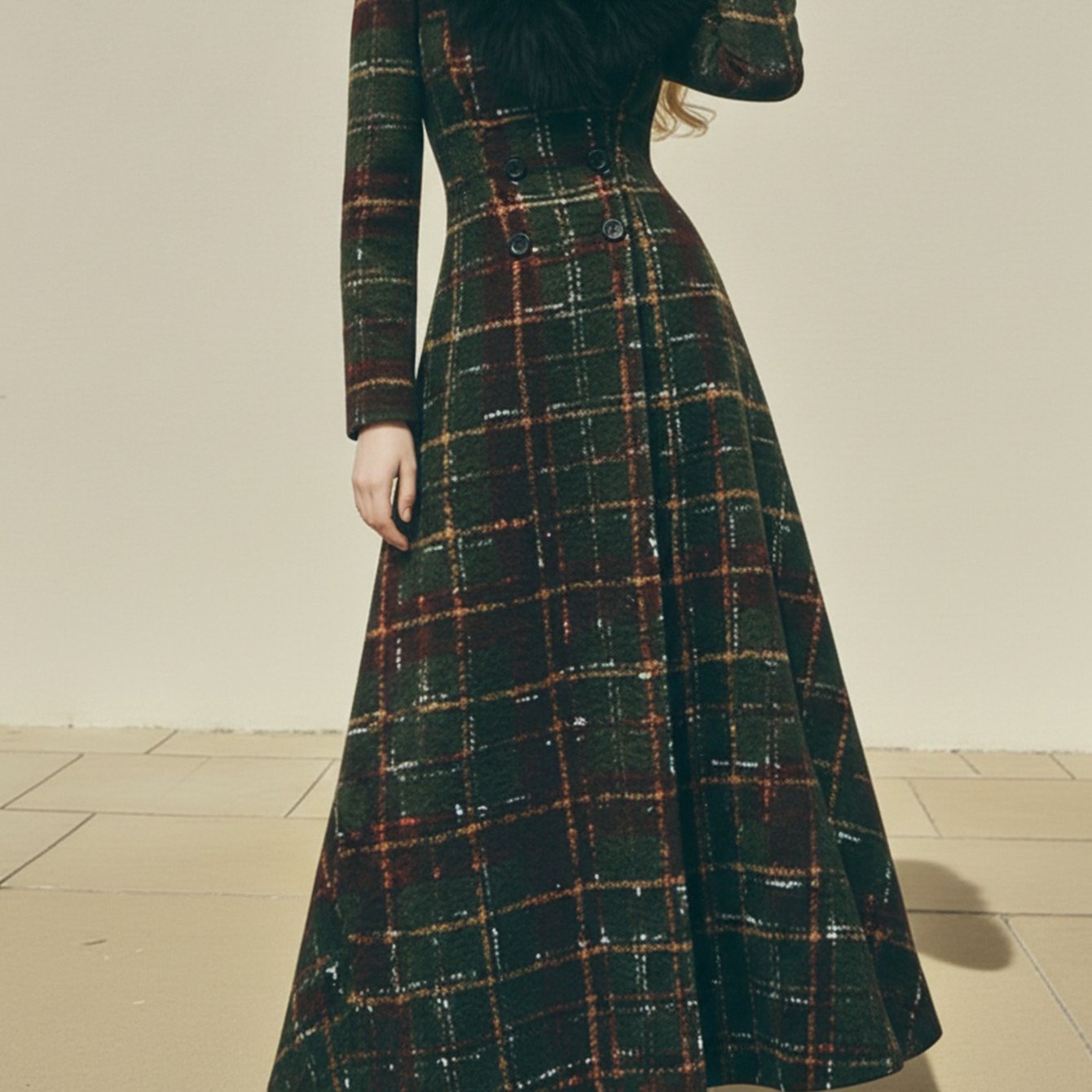 Image of Green Brown Collar Waist-cinched Double-breasted Long Coat Women' Piece | Retro Advanced Temperament Style, Perfect For Autumn & Winter Street Wear And Formal Occasions Looks