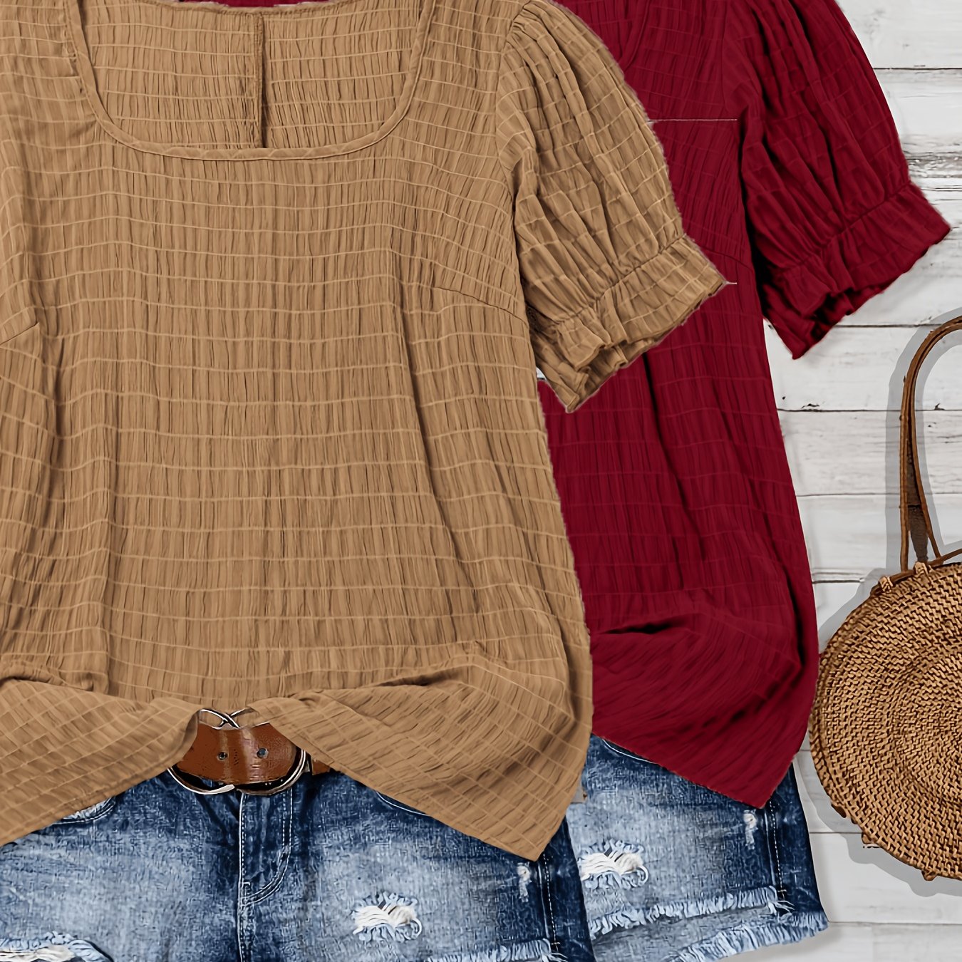 TEMU Plus Size Women's 2pcs Set Short Sleeve Shirt Summer New Lantern Sleeve Wrinkle Fabric Square Neck Top, Casual All-match