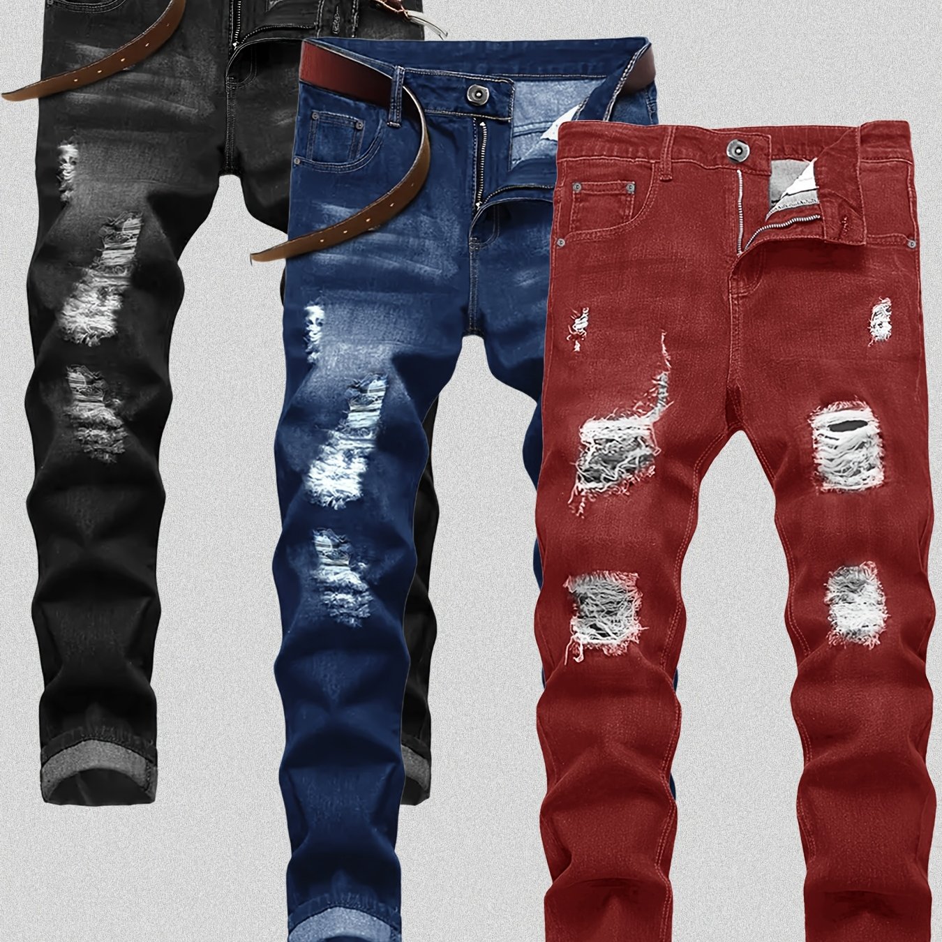 TEMU 3-pack Men's Slim Fit Ripped Jeans Distressed Denim Pants Casual Streetwear Fashion Trousers Hip Hop Trendy Joggers For Men