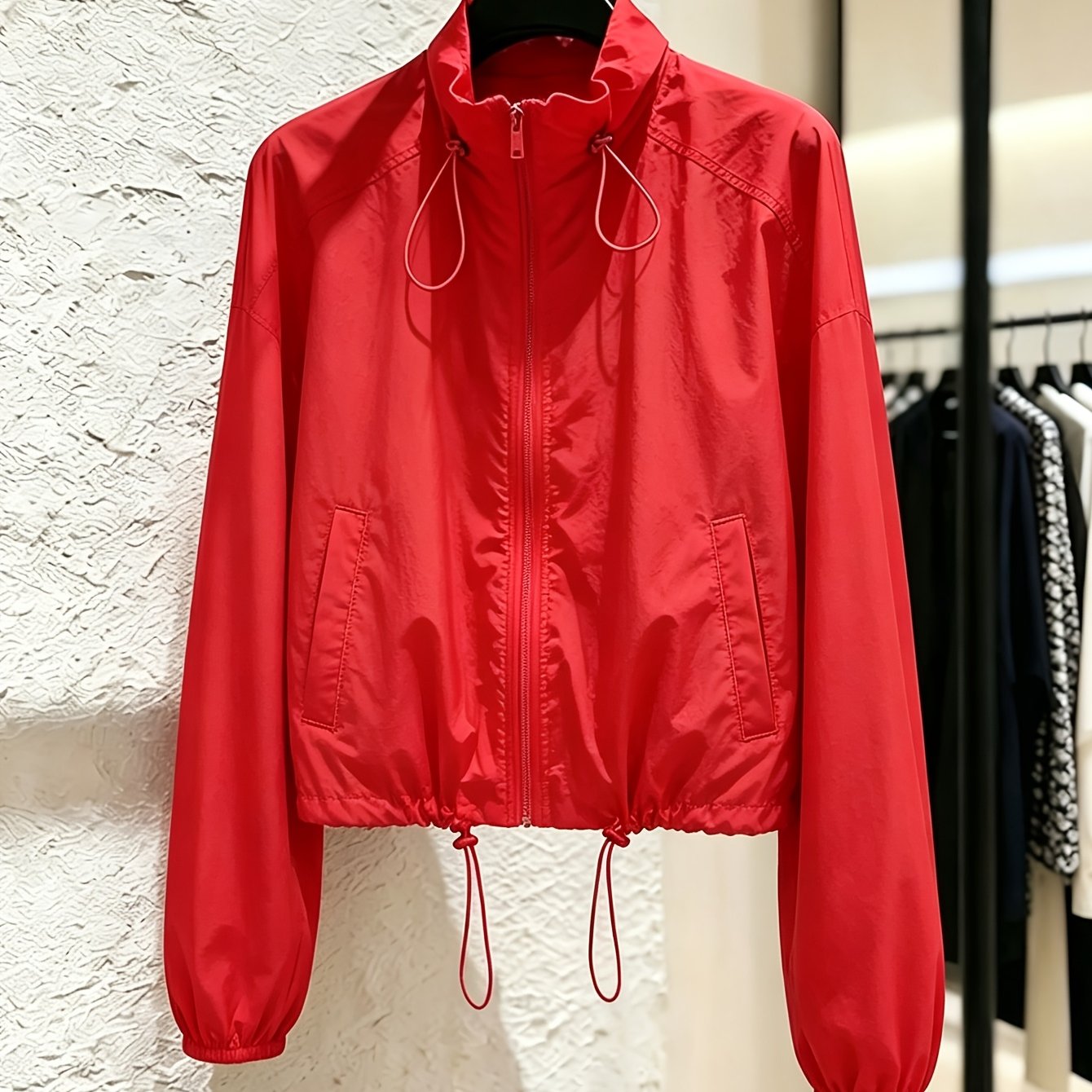 TEMU Women's Collar Short Lightweight Zip-up Long Sleeve Jacket, Loose With Multiple Drawstring Adjustments, Lantern Cuff Long Sleeve Cardigan, Short